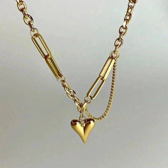 *NEW* 18K Gold Plated Stainless Steel  Heart Pendant Paperclip & O Link Necklace - Picture 6 of 9